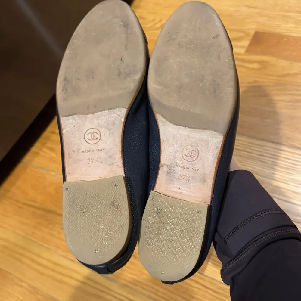 Authentic Chanel 37.5 Dark Navy Blue (Like Black) Ballet Flats Caviar Leather CC